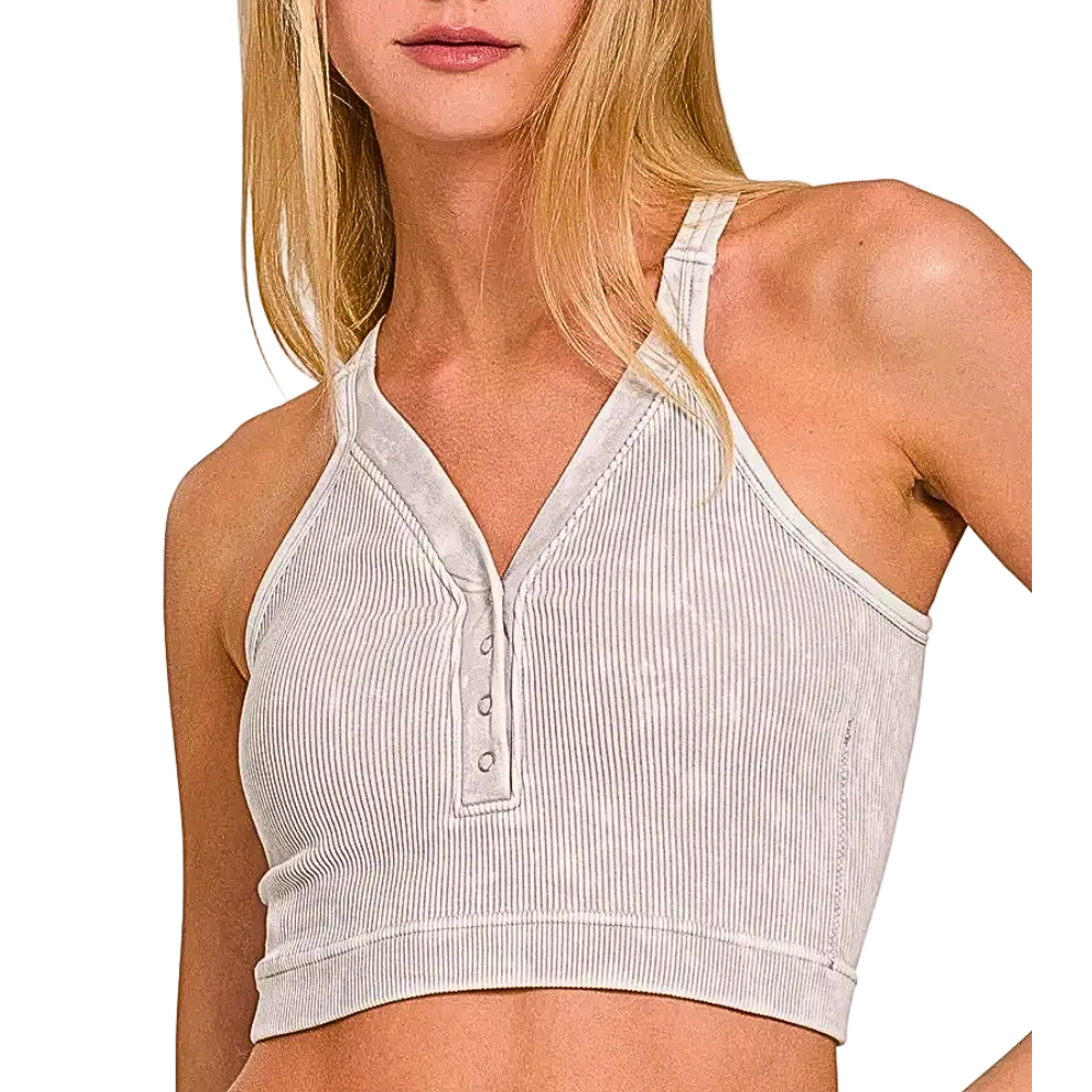 Zenana Cropped Bra Tank Top Washed Ribbed Seamless V-Neck Button Backless