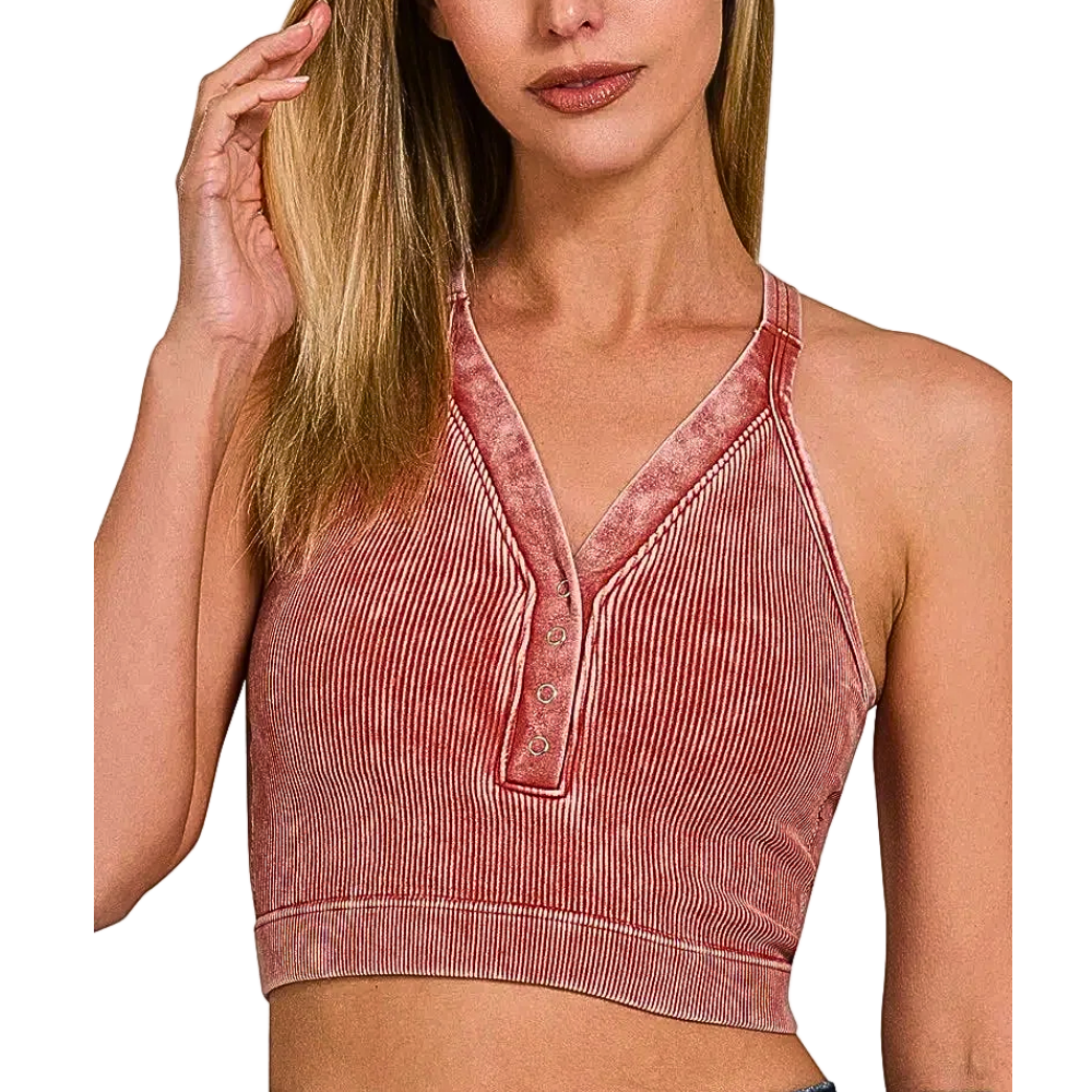 Zenana Cropped Bra Tank Top Washed Ribbed Seamless V-Neck Button Backless Rust