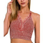 Zenana Cropped Bra Tank Top Washed Ribbed Seamless V-Neck Button Backless Rust