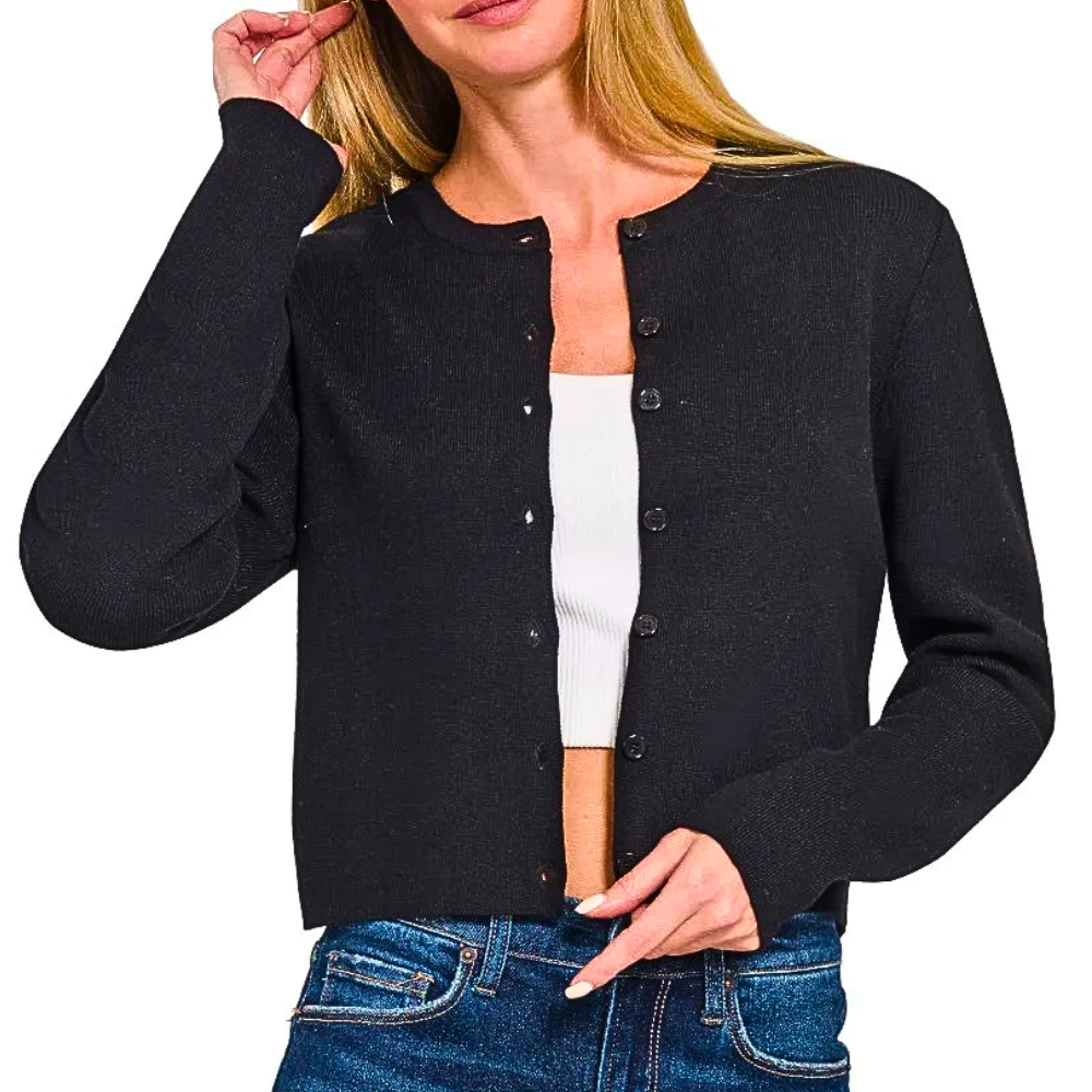 Zenana Cropped Cardigan Sweater Black Long Sleeve Lightweight Cotton Knit Top