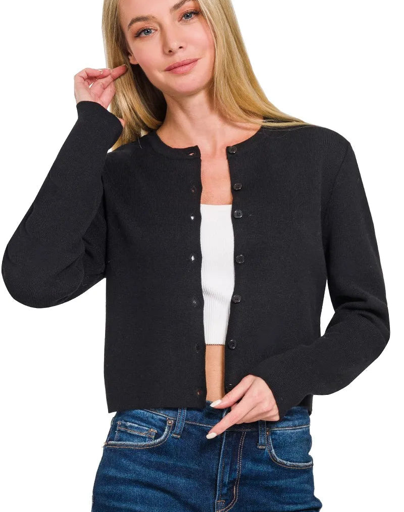 Zenana Cropped Cardigan Women’s Black Crewneck Long Sleeve Sweater Top - Styleinger