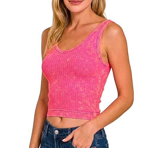 Zenana Sleeveless Crop Tank Top V-Neck Seamless Pink Washed Rib Casual