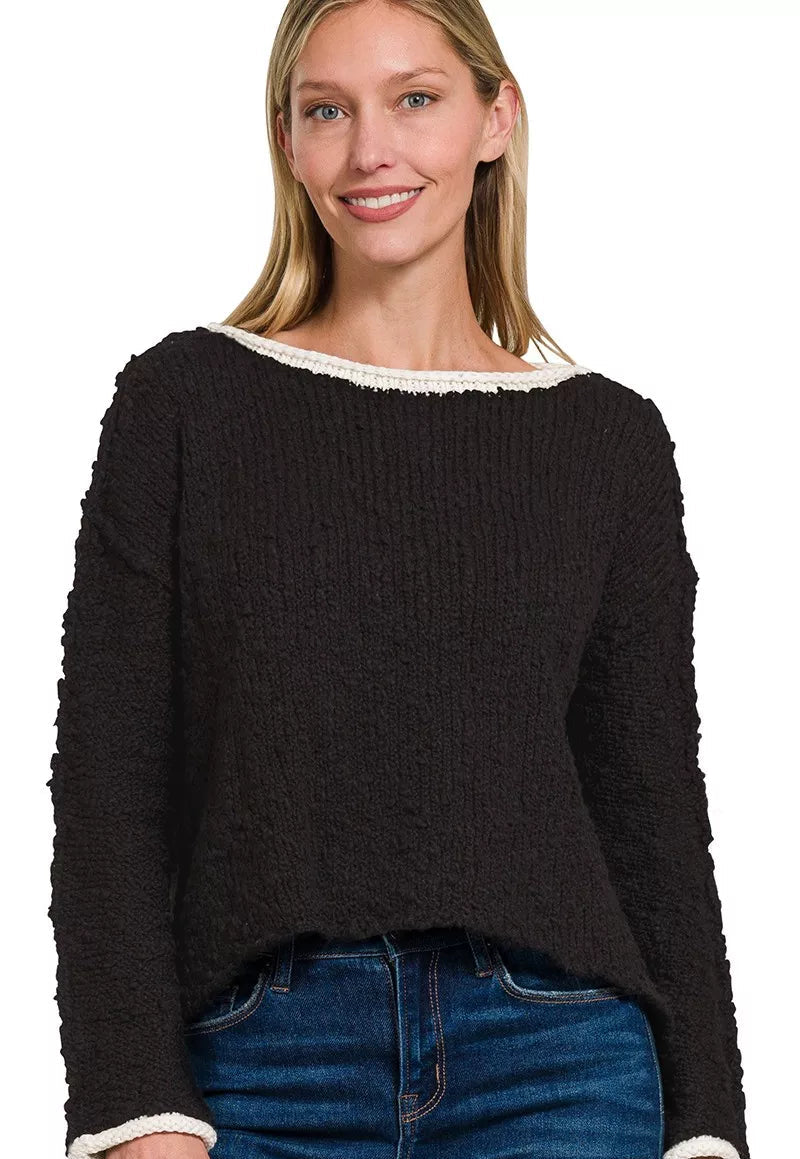 Zenana Cropped Sweater Black Knit Ivory Contrast Trim for Woman BLACK IVORY Zenana_Cropped_Sweater_Black_Knit_Ivory_Contrast_Trim_for_Woman Trendsi