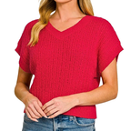 Zenana Cropped Sweater Oversized Grobstrick Pullover V-Ausschnitt Kurzarm Ruby Red Top