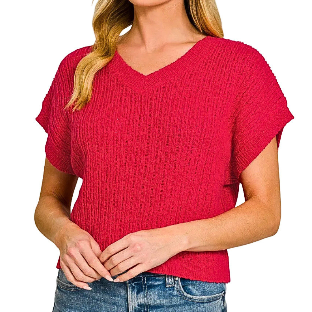 Zenana Cropped Sweater Oversized Knit Textured V-Neck Short Sleeve Ruby Red Top