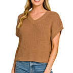 Zenana Cropped Sweater Textured Knit V-Neck Short Sleeve Lightweight Camel Top