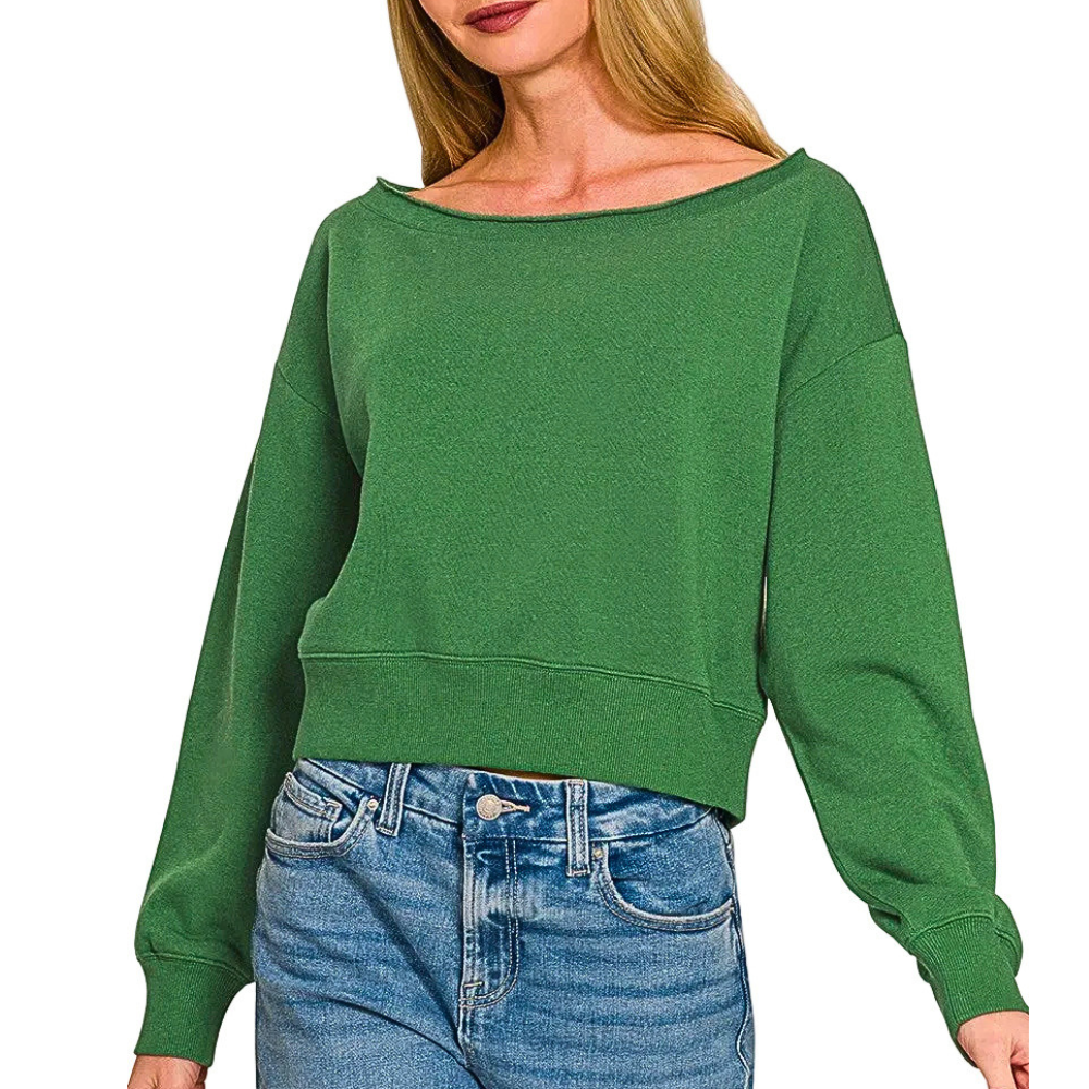 Zenana Cropped Sweatshirt Fleece Green Long Sleeve Boat Neck Casual Pullover Top