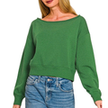 Zenana Cropped Sweatshirt Fleece Green Long Sleeve Boat Neck Casual Pullover Top