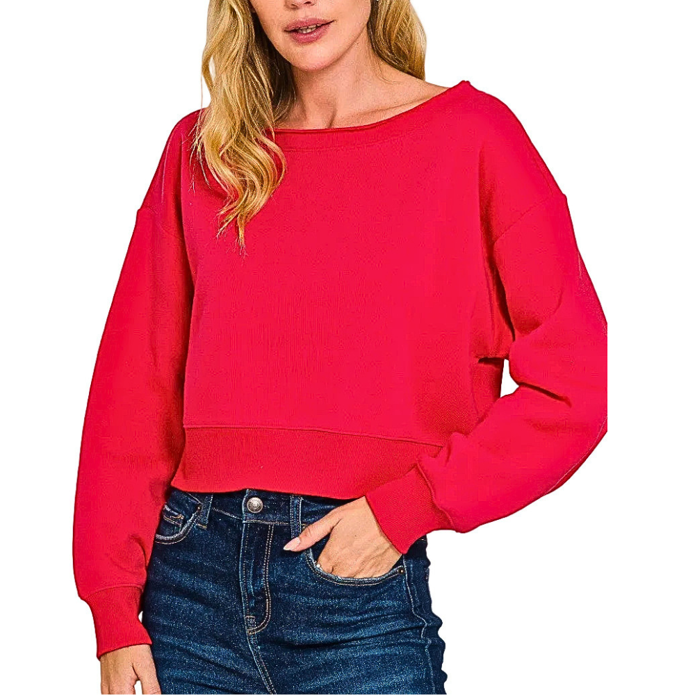 Zenana Cropped Sweatshirt Fleece Ruby Red Long Sleeve Boat Neck Casual Pullover