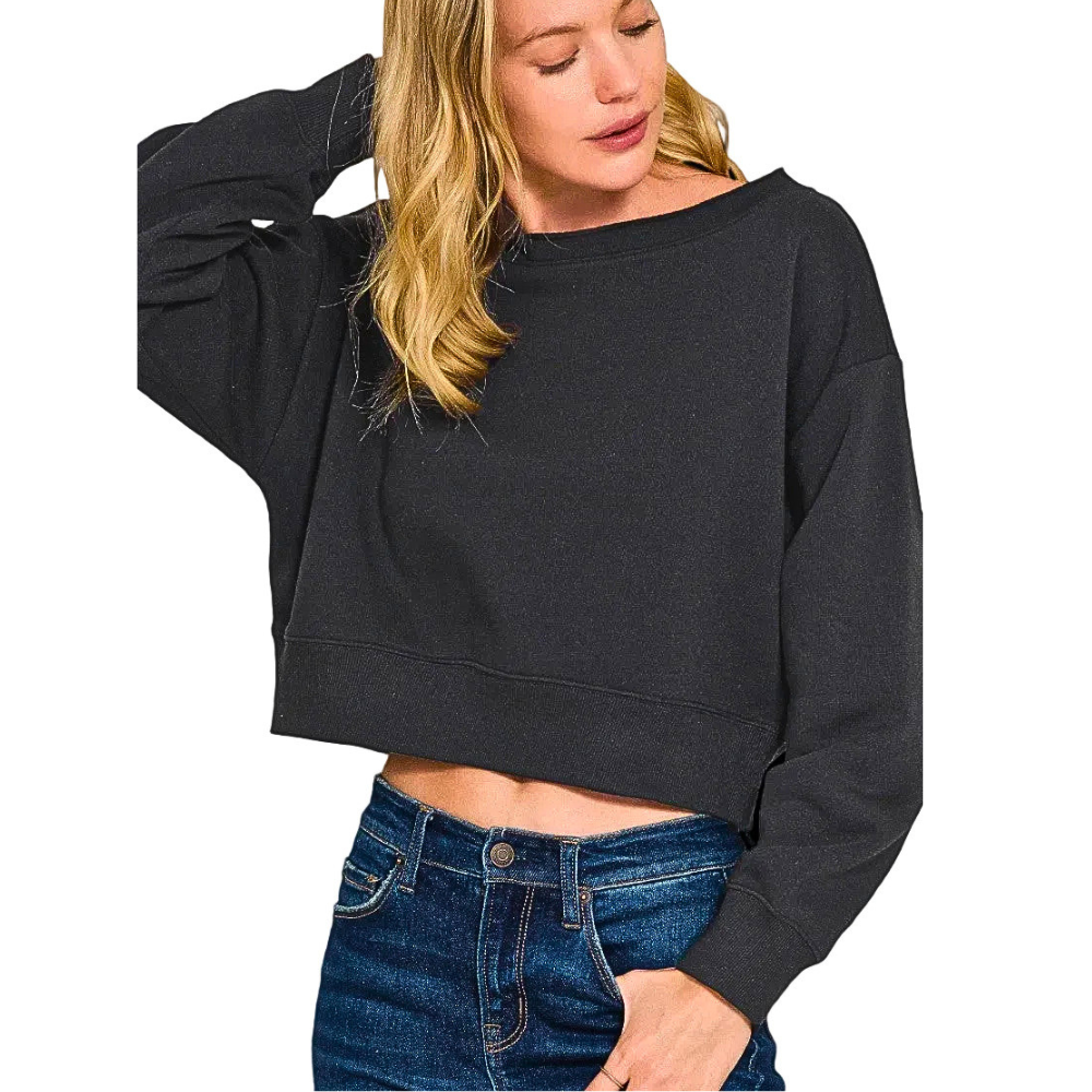Zenana Cropped Sweatshirt Oversized Black Fleece Boat-Neck Long Sleeve Top