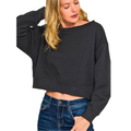 Zenana Cropped Sweatshirt Oversized Black Fleece Boat-Neck Long Sleeve Top