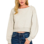 Zenana Cropped Sweatshirt Oversized Hellgrau Fleece U-Boot-Ausschnitt Langarm-Top