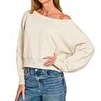 Zenana Cropped Sweatshirt Oversized Vanilla Fleece U-Boot-Ausschnitt Langarm-Top