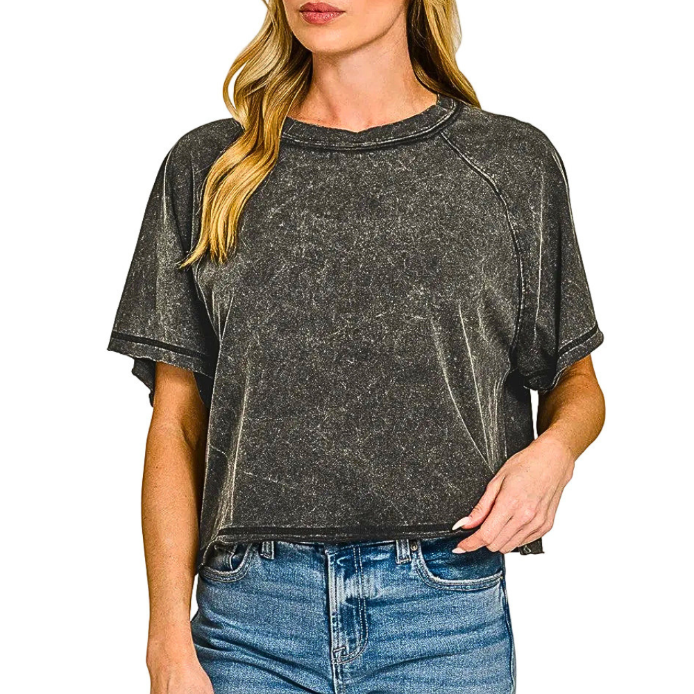 Zenana Cropped T-Shirt Black Acid Washed Round Neck Casual Basic Cotton Top Tee