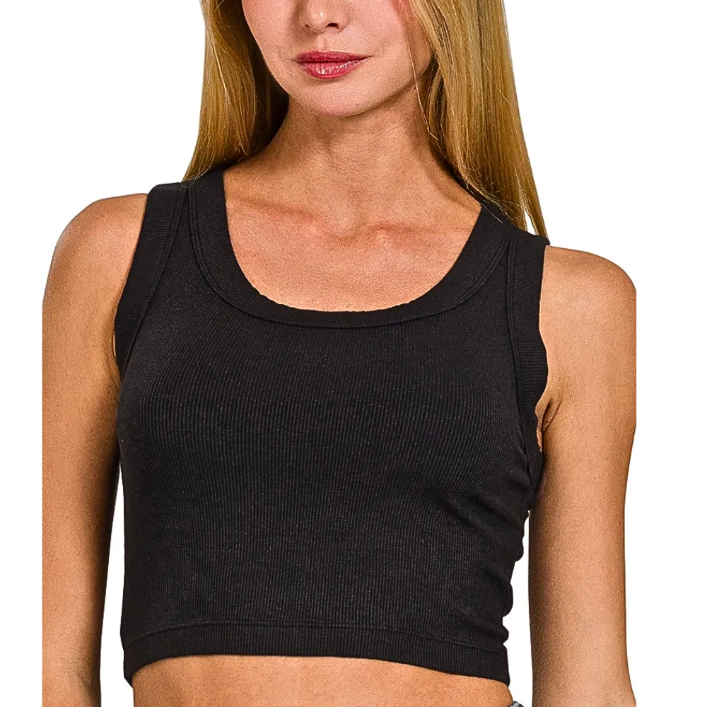 Zenana Cropped Tank Top Ribbed Scoop Neck Black Sleeveless Daily Blouse
