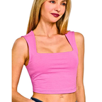 Zenana Cropped Tank Top Square Neck Sleeveless Candy Pink Wide Strap Blouse