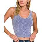 Zenana Cropped V-Neck Tank Top Light Indigo Blue Wash Ribbed Seamless Stretch
