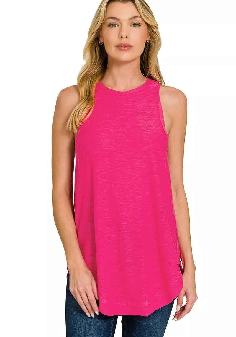 Zenana Curved Hem Slub Tunic Tank – Relaxed Fit Women’s Tunic Length Tank Top