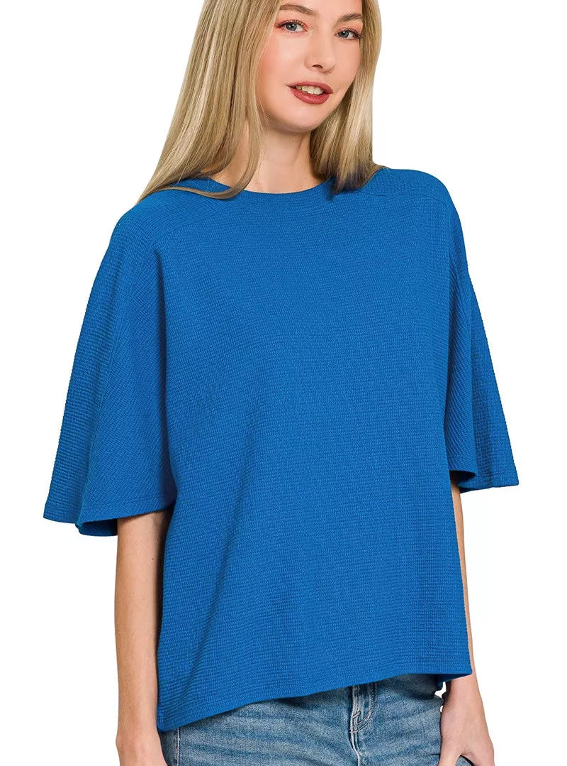 Zenana Double Knit Short Sleeve Top Blue Women’s Casual Knit Shirt Lightweight