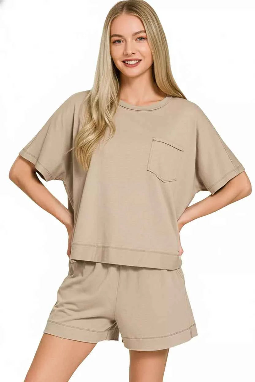 Zenana Exposed Seam Boxy Top & Shorts Set Women Two-Piece Casual Outfit