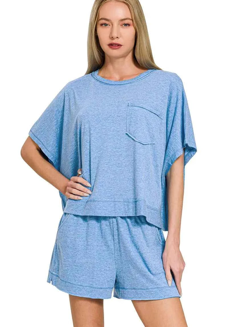 Zenana Exposed Seam Boxy Top & Shorts Set – Women’s Two-Piece Casual Outfit