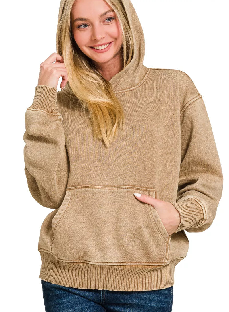 Zenana Fleece Hoodie Deep Camel Acid Wash Kangaroo Pocket for Women DEEP CAMEL Zenana_Fleece_Hoodie_Deep_Camel_Acid_Wash_Kangaroo_Pocket_for_Women Trendsi