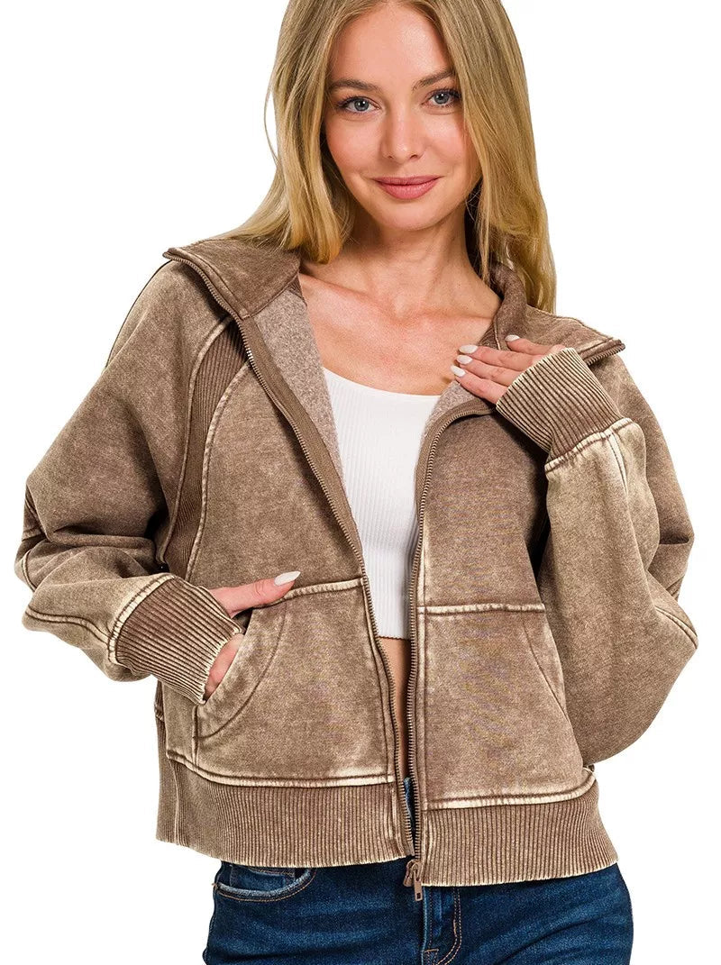 Zenana Fleece Jacket Mocha Brown Acid Wash Zip Up Long Sleeve MOCHA Zenana_Fleece_Jacket_Mocha_Brown_Acid_Wash_Zip_Up_Long_Sleeve Trendsi