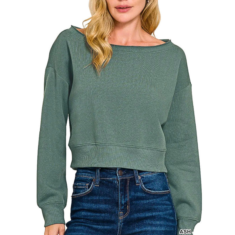Zenana Fleece Sweatshirt Casual Long Sleeve Boat Neck Ash Jade Solid Pullover