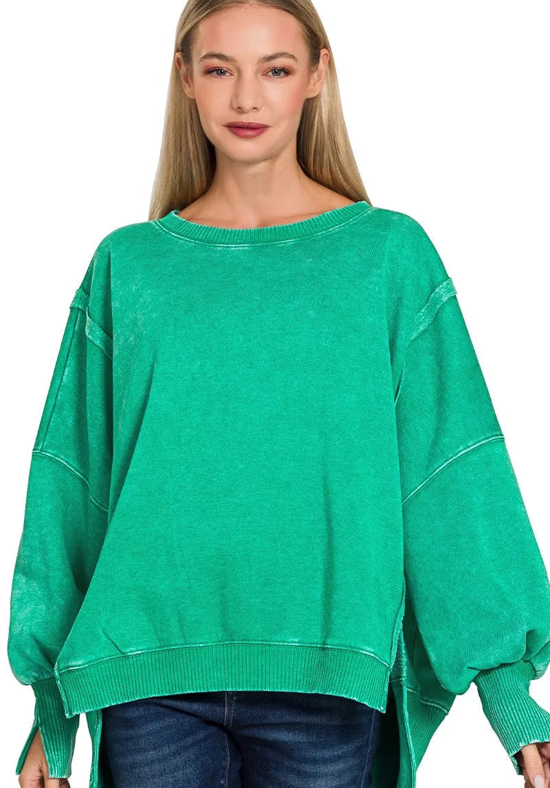 Zenana Fleece Sweatshirt Green Acid Washed Batwing Sleeve Womens Top Zenana_Fleece_Sweatshirt_Green_Acid_Washed_Batwing_Sleeve_Womens_Top Trendsi