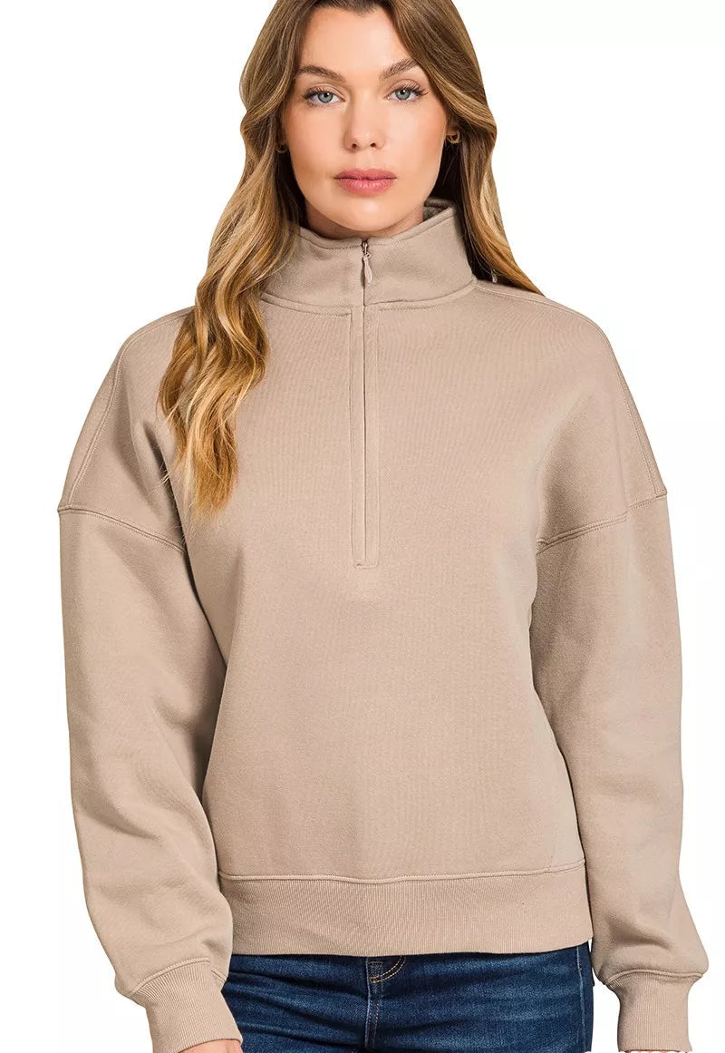 Zenana Fleece Sweatshirt Mocha High Neck Half Zip Womens Top ASH MOCHA Zenana_Fleece_Sweatshirt_Mocha_High_Neck_Half_Zip_Womens_Top Trendsi