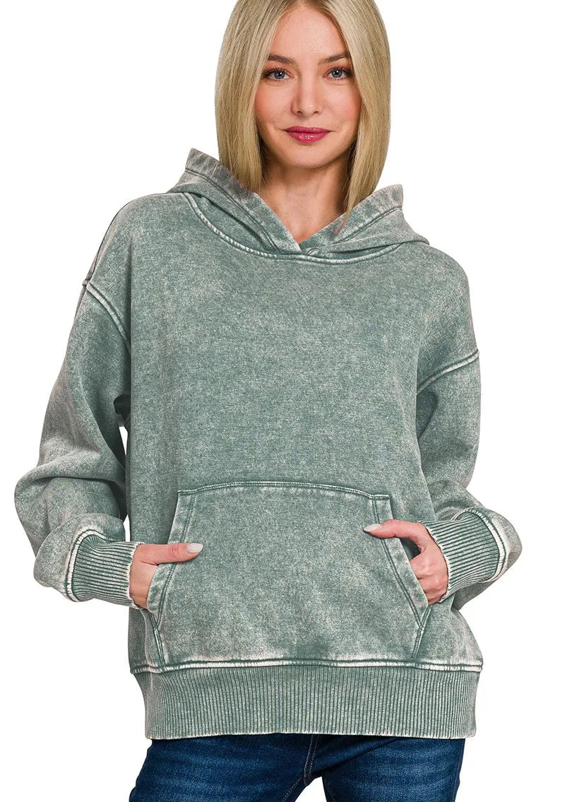 Zenana Fleece Womens Hoodie Ash Jade Acid Wash Kangaroo Pocket ASH JADE
