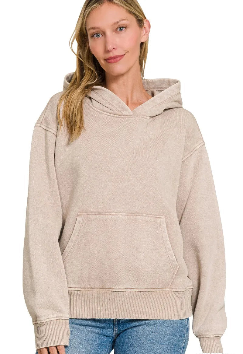 Zenana Fleece Womens Hoodie Mocha Acid Wash Kangaroo Pocket Top