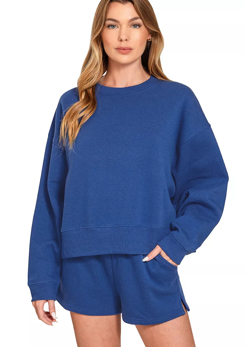 Zenana Fleece Womens Outfit Set Navy Blue Sweatshirt Long Sleeve and Shorts LTNAVY