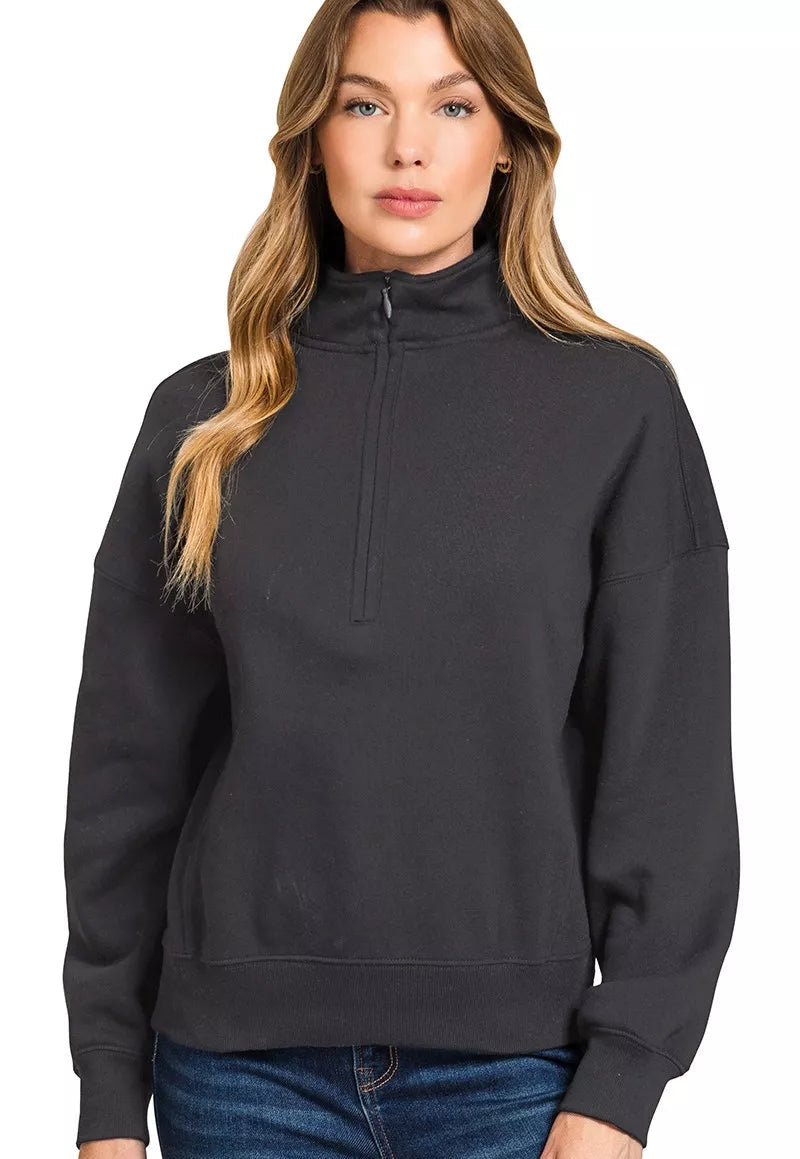 Zenana Fleece Womens Sweatshirt Black High Neck Half Zip Top BLACK Zenana_Fleece_Womens_Sweatshirt_Black_High_Neck_Half_Zip_Top Trendsi