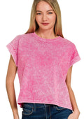 Zenana Halo Washed Cotton Cuffed Short Sleeve Top