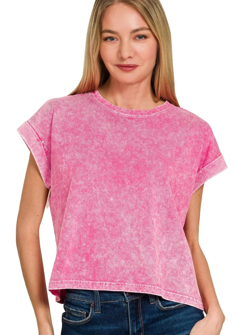 Zenana Halo Washed Cotton Cuffed Short Sleeve Top