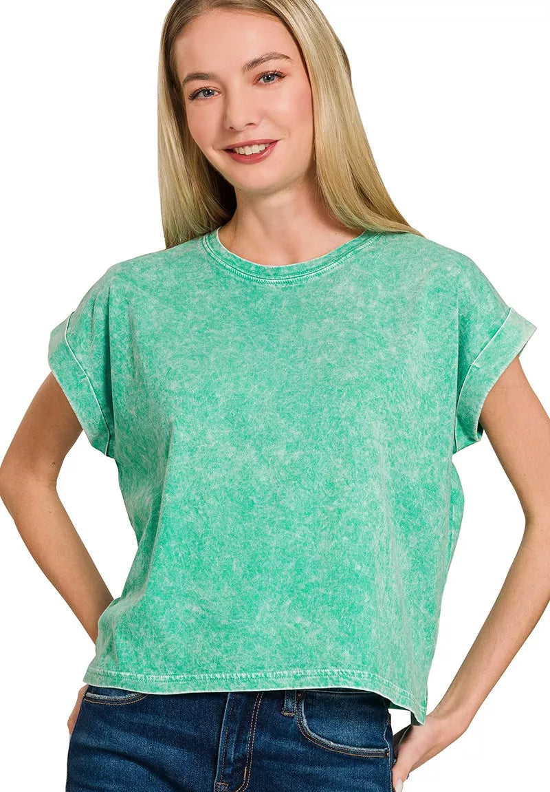 Zenana Halo Washed Cotton Cuffed Short Sleeve Top