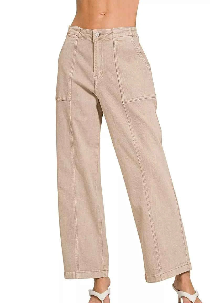 Zenana Jeans Straight Leg Utility Pocket Ash Mocha Women Denim Pants