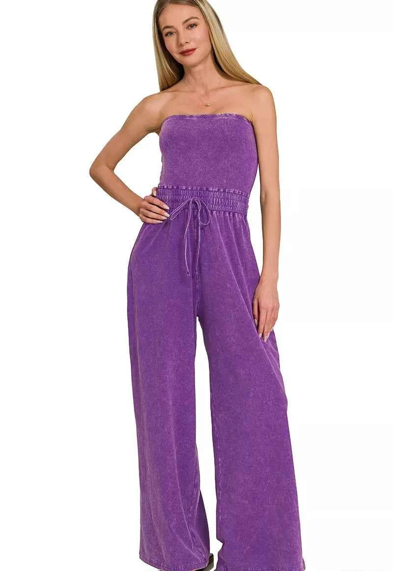 Zenana Jumpsuit Violet Acid Washed Strapless Tube Top Drawstring Waist