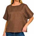 Zenana Linen Blouse Brown Round Neck Casual Short Sleeve High Low Basic Top