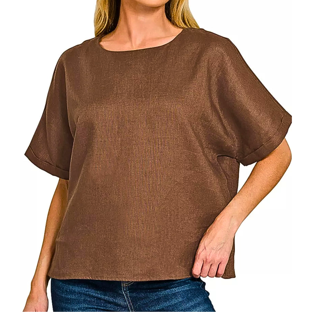 Zenana Linen Blouse Brown Round Neck Casual Short Sleeve High Low Basic Top
