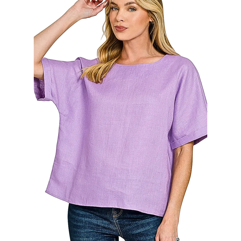 Zenana Linen Blouse Lavender Casual Round Neck Short Sleeve Top Lightweight