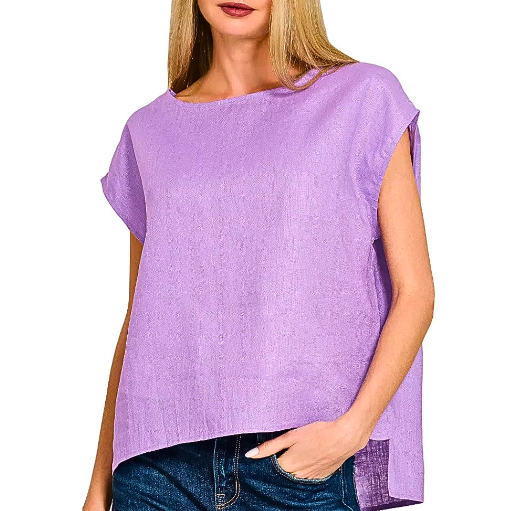 Zenana Linen Blouse Lavender Round Neck Cap Short Sleeve Casual High Low Top