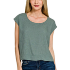 Zenana Linen Sleeveless Blouse Basic Lightweight Casual Short Sleeve Top