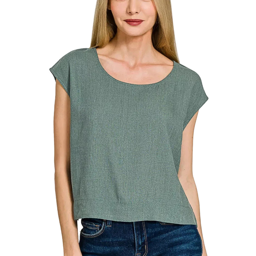 Zenana Linen Sleeveless Blouse Basic Lightweight Casual Short Sleeve Top