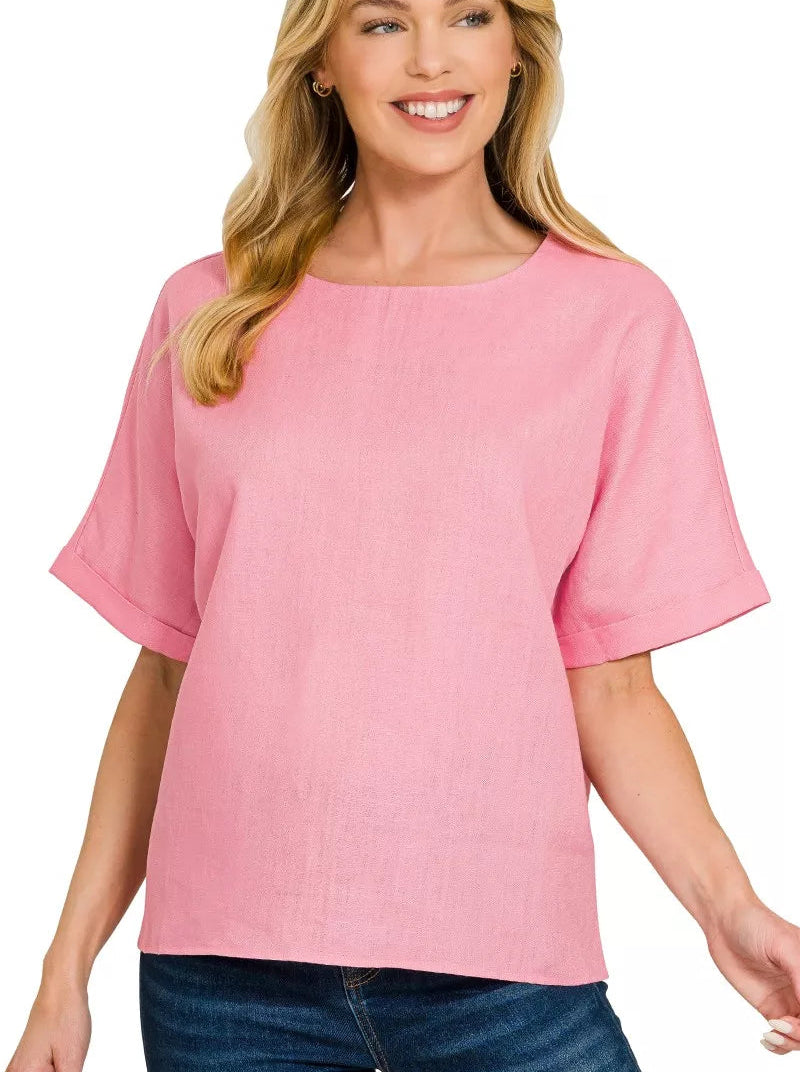 Zenana Linen T-shirt Pink Round Neck Cuffed Sleeve Top Women Casual Lightweight - Styleinger
