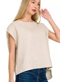 Zenana Linen Top Snad Beige Round Neck Cap Sleeve Women Casual Blouse - Styleinger