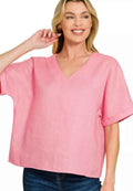 Zenana Linen V-Neck Cuffed Sleeve Top