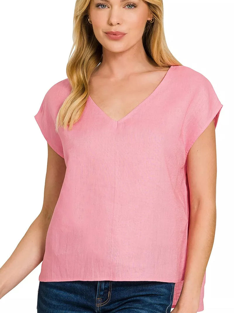 Zenana Linen V‑Neck Sleeveless Top – Women’s Casual Lightweight Pink Tank