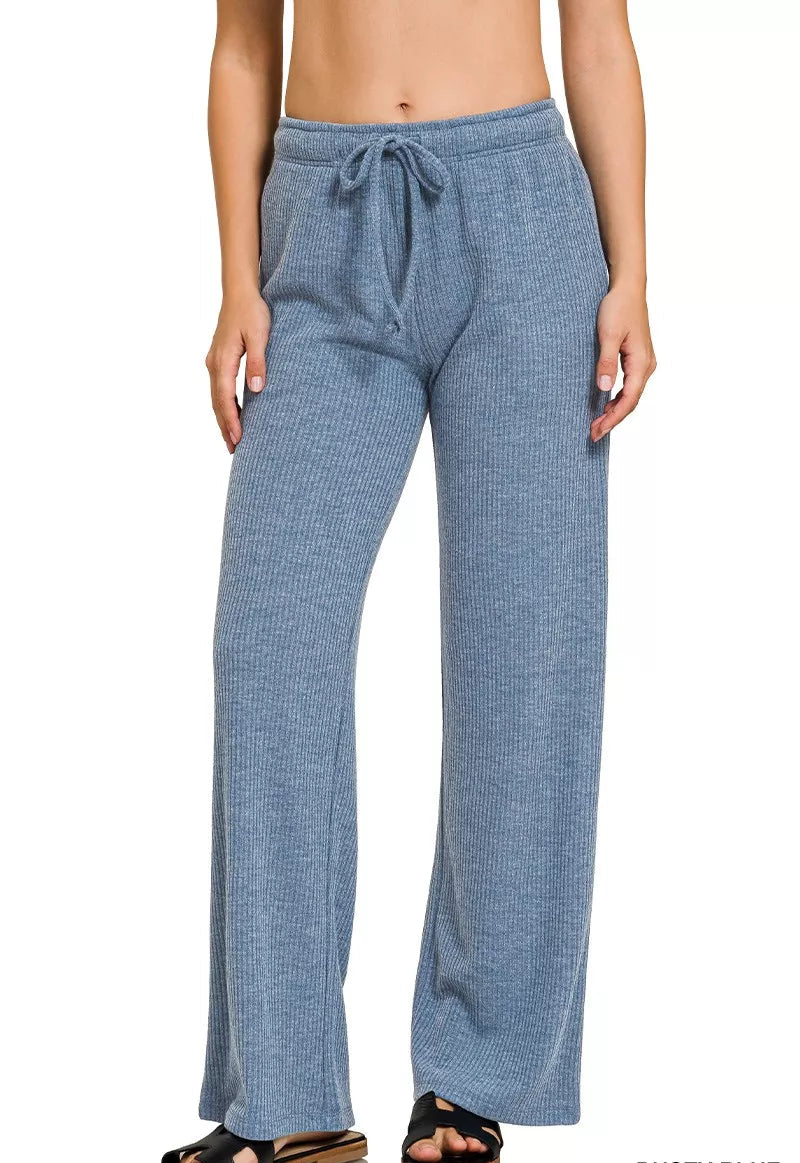 Zenana Lounge Pants Dusty Blue Ribbed Drawstring Joggers DUSTY BLUE Zenana_Lounge_Pants_Dusty_Blue_Ribbed_Drawstring_Joggers Trendsi